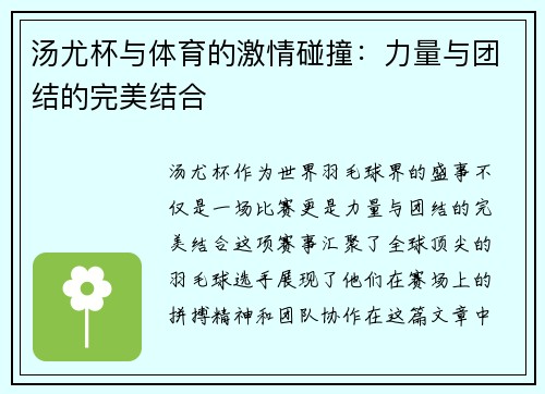 汤尤杯与体育的激情碰撞：力量与团结的完美结合