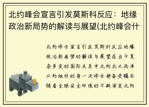 北约峰会宣言引发莫斯科反应：地缘政治新局势的解读与展望(北约峰会什么时候召开)